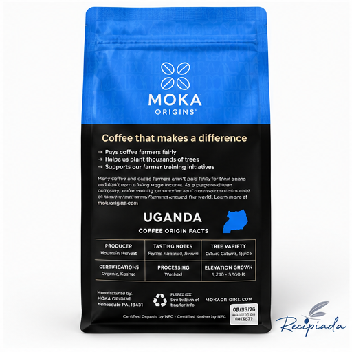 Back of MOKA Origins Uganda coffee bag with origin facts