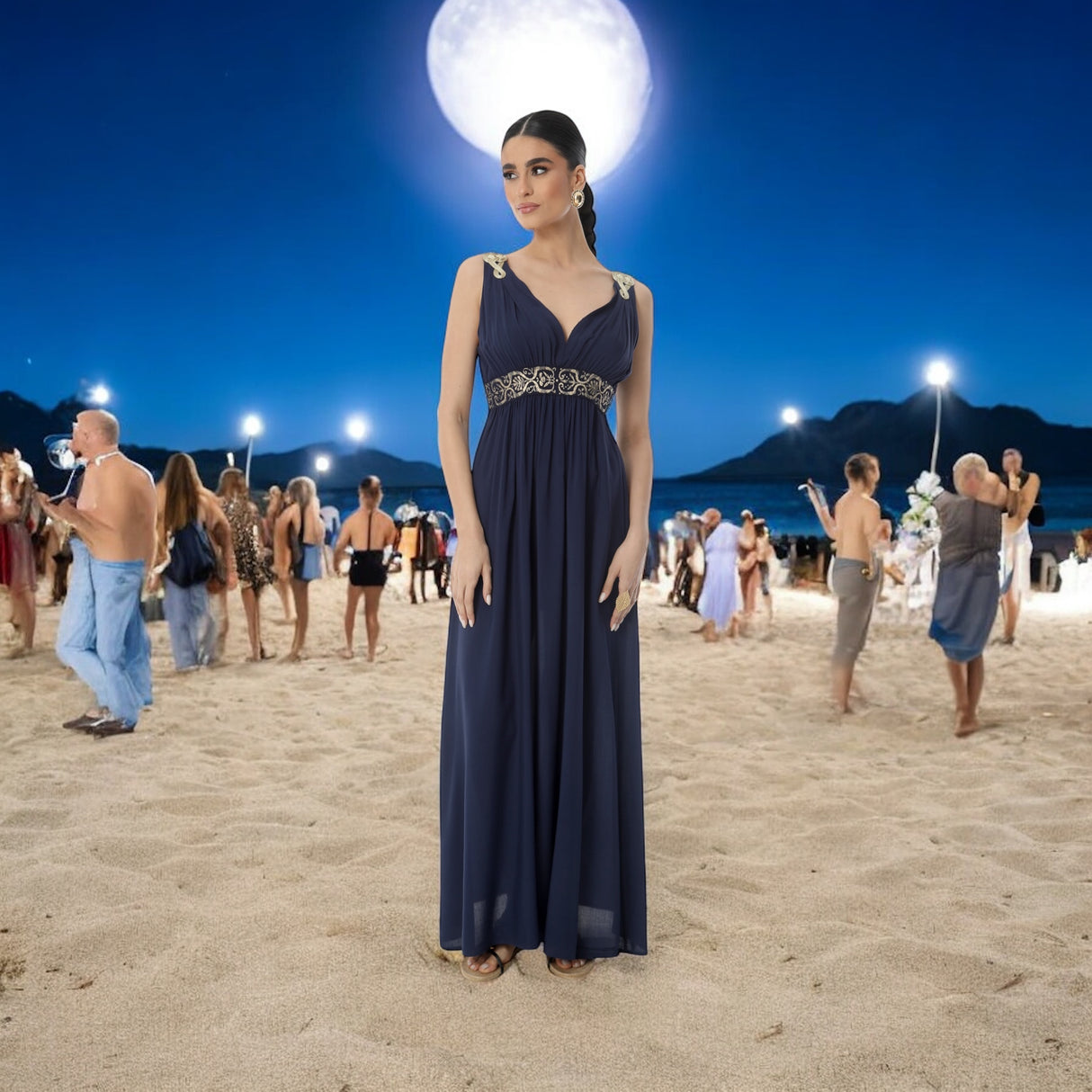 Midnight Greek Goddess Maxi Dress – Navy & Gold