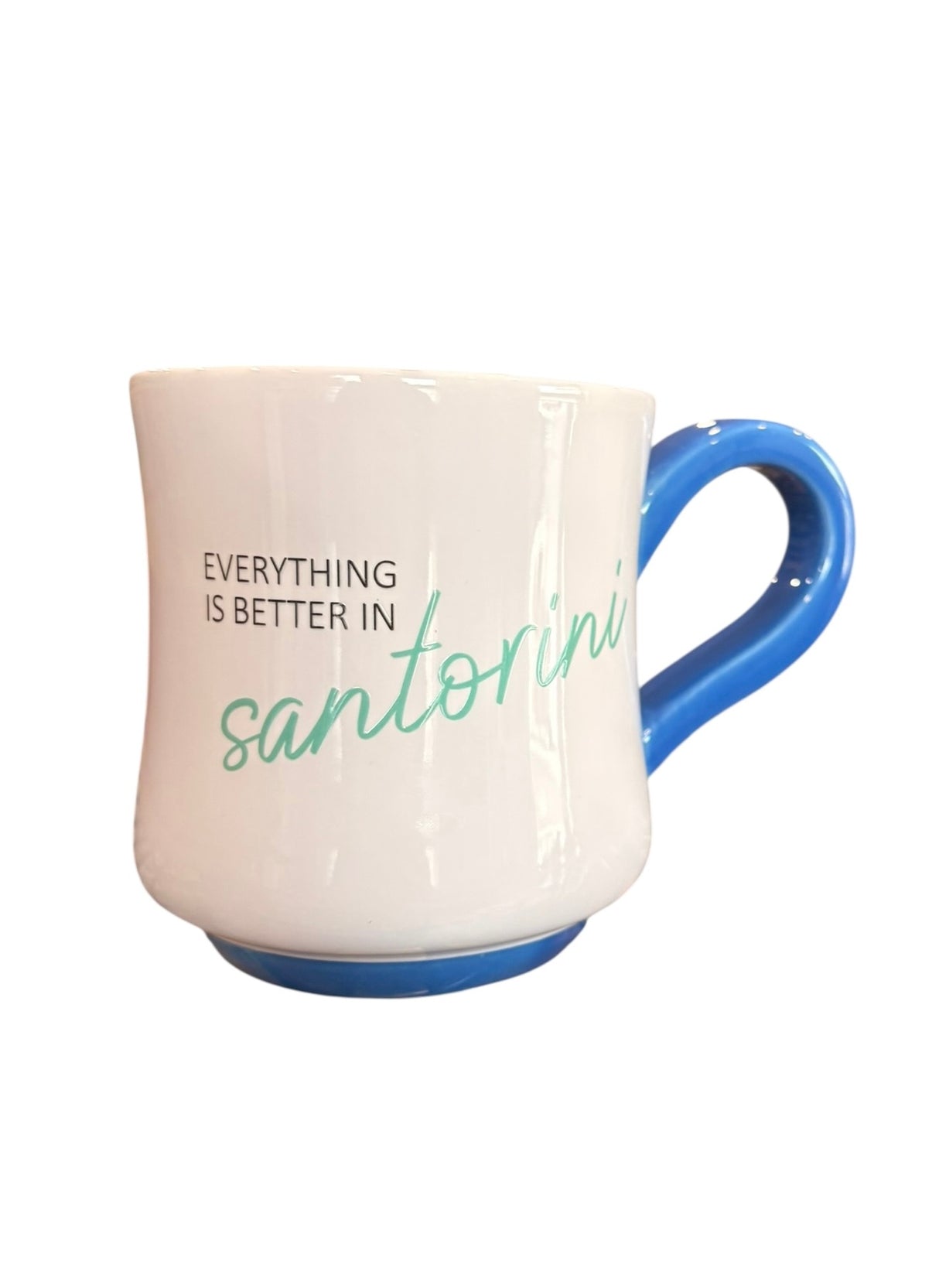 Mug with 'Everything is better in Santorini' text on a white background