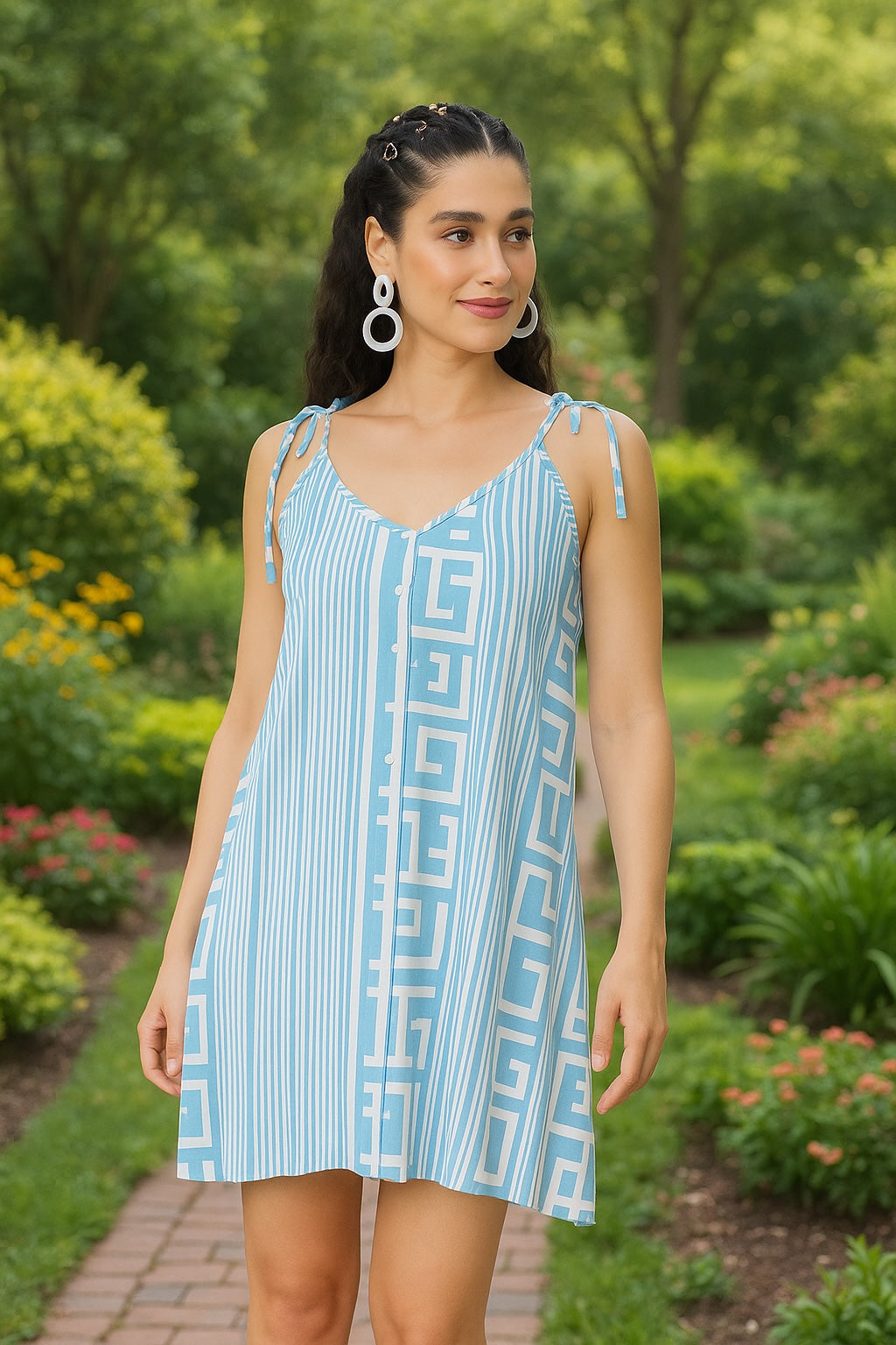 Chic Grecian-Inspired Mini Dress – Coastal Blue & White Print