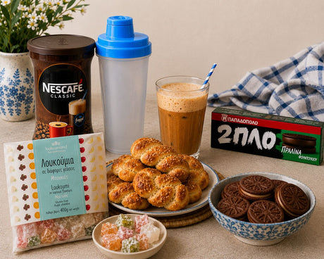 Mediterranean-inspired Greek frappé bundle featuring NESCAFÉ Classic instant coffee, a blue frappé shaker bottle, assorted loukoumi delights, traditional Greek koulourakia cookies, chocolate sandwich cookies in a decorative bowl, and a freshly prepared iced frappé drink styled on a warm kitchen countertop with blue-and-white accents.