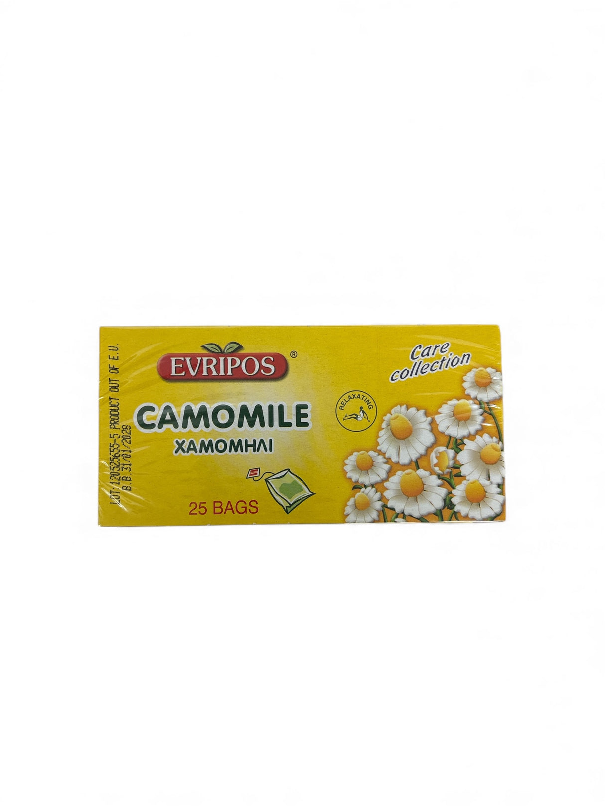 Box of Evripos Camomile tea bags with a yellow background