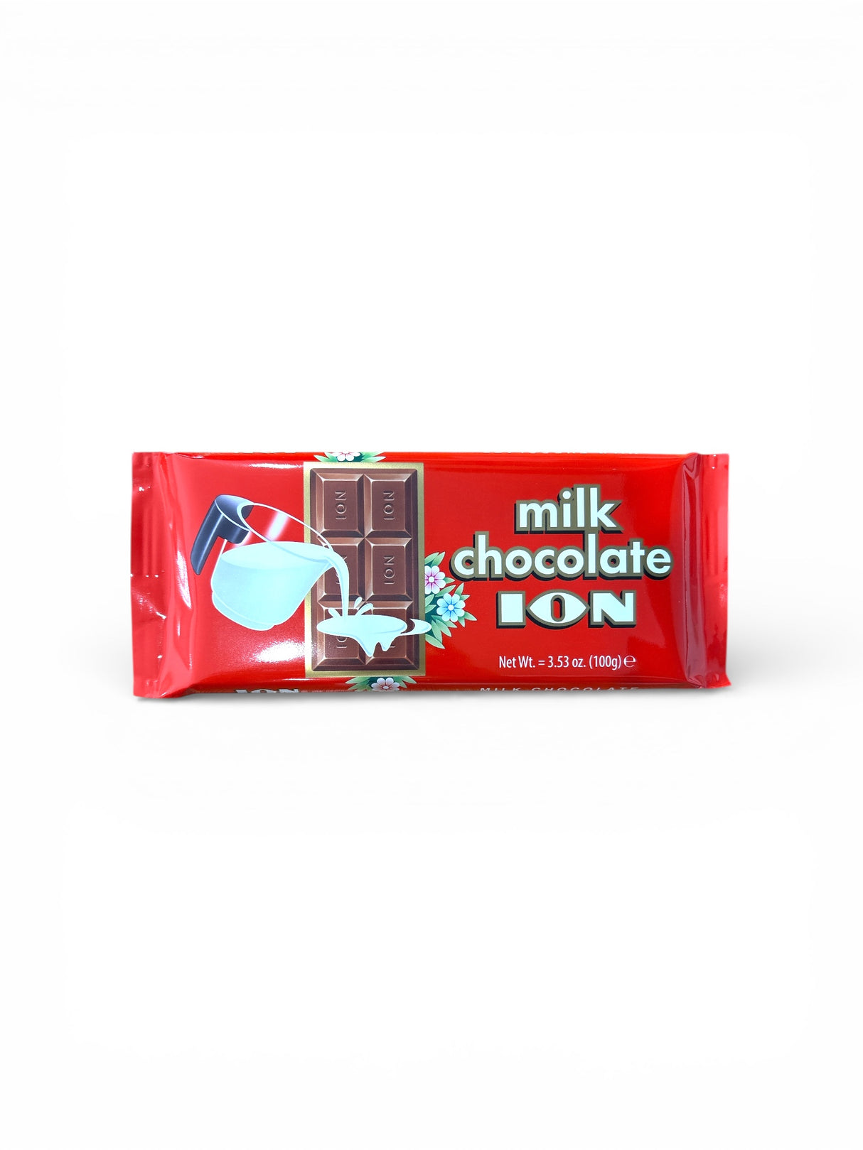 Milk chocolate bar packaging with red background and white text on a white background