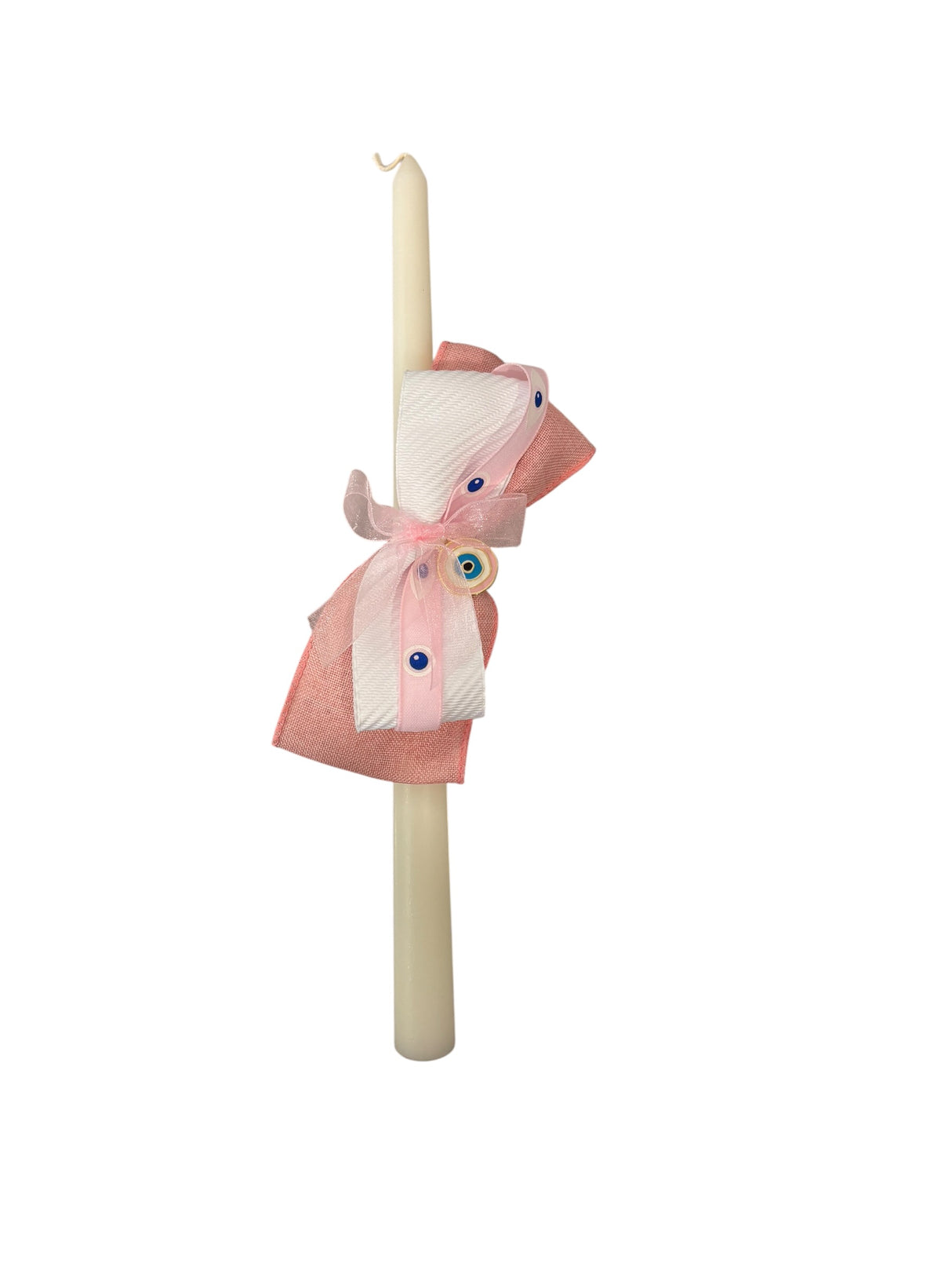 Greek Baptism Candle (Lambada) for Baby Girl – Handmade Christening Candle with Evil Eye Charm