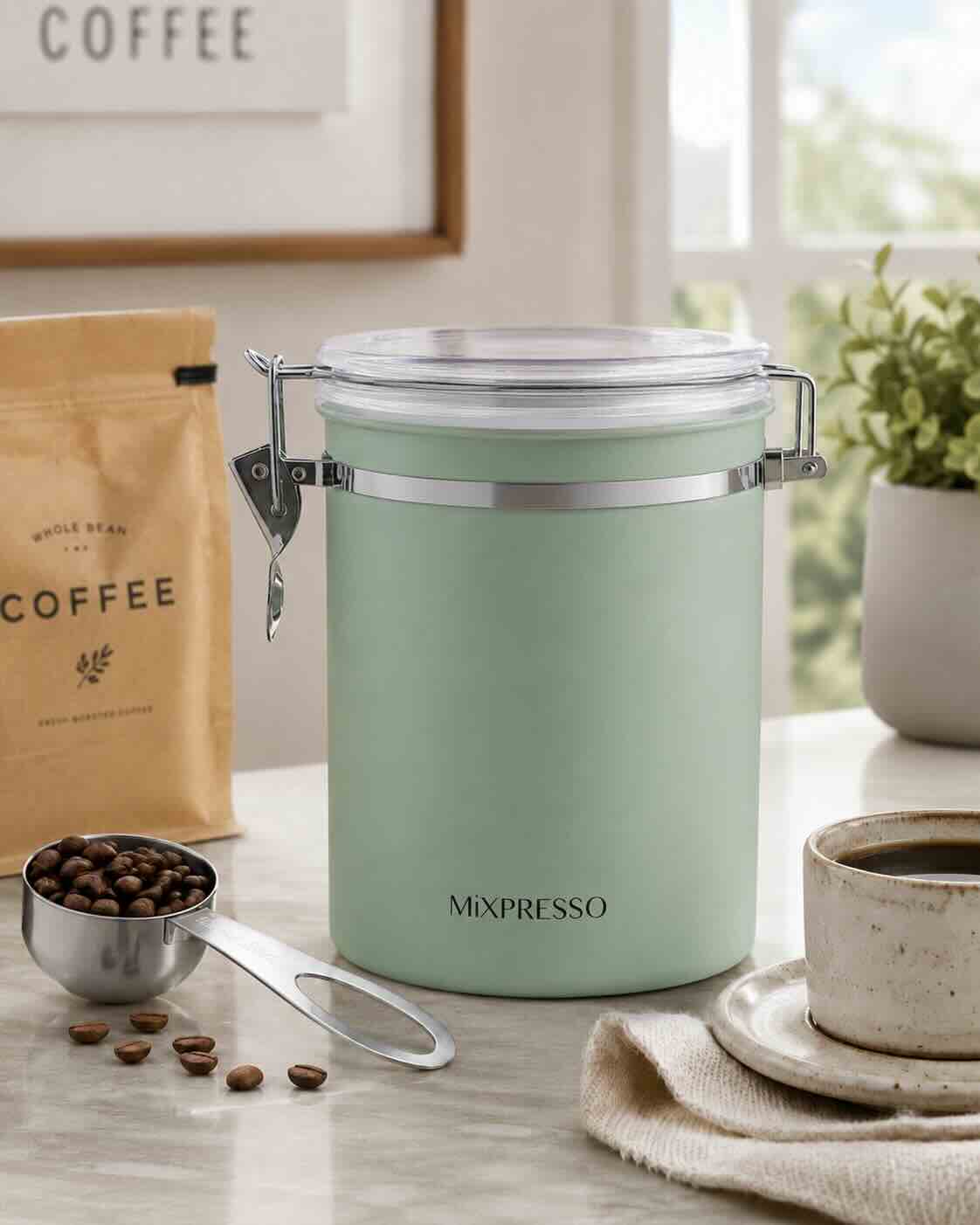 A mint green metal coffee storage jar with a clear clamp-lid container, shown on a marble countertop with a coffee bean bag, measuring cup, coffee beans, and a cup of coffee in a bright kitchen setting.