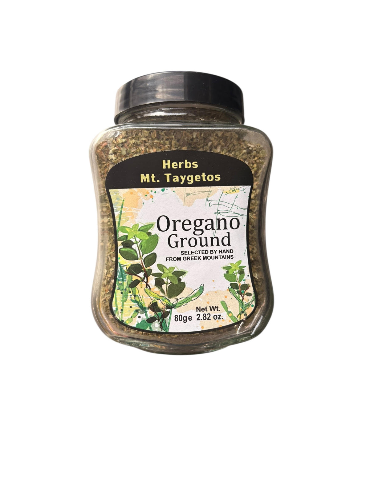 Jar of oregano ground by Herbs Mt. Taygetos on a white background