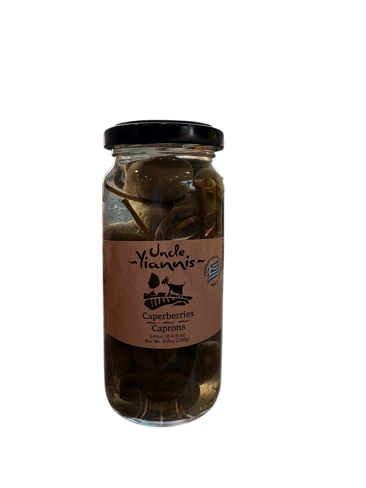 Jar of caperberries with a label on a white background