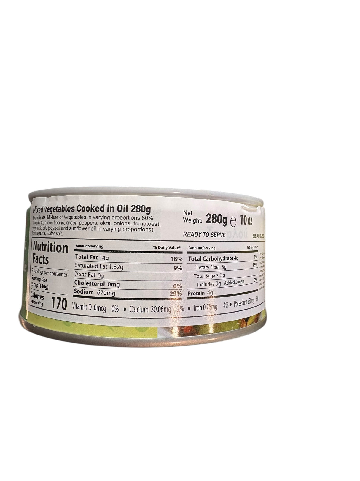 Can of mixed vegetables cooked in oil with label on a white background