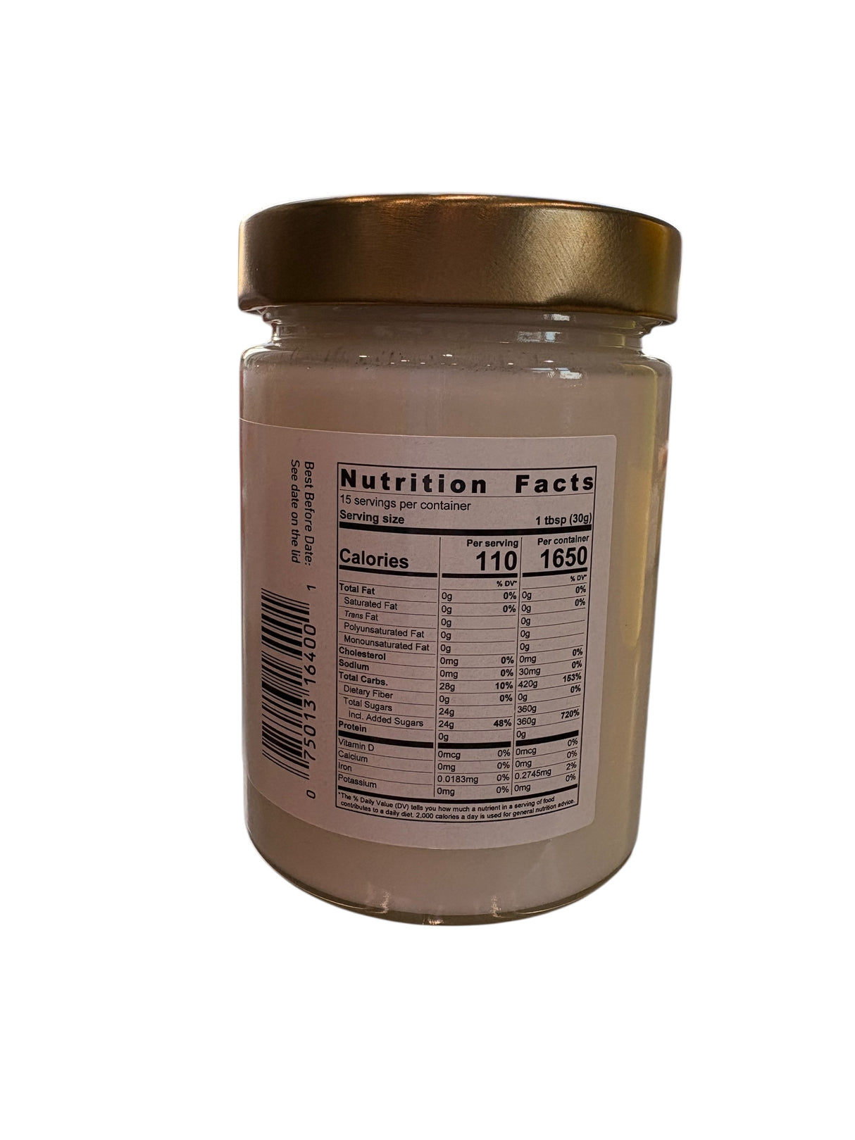 Jar with a nutrition facts label for saradis vanilla on a white background