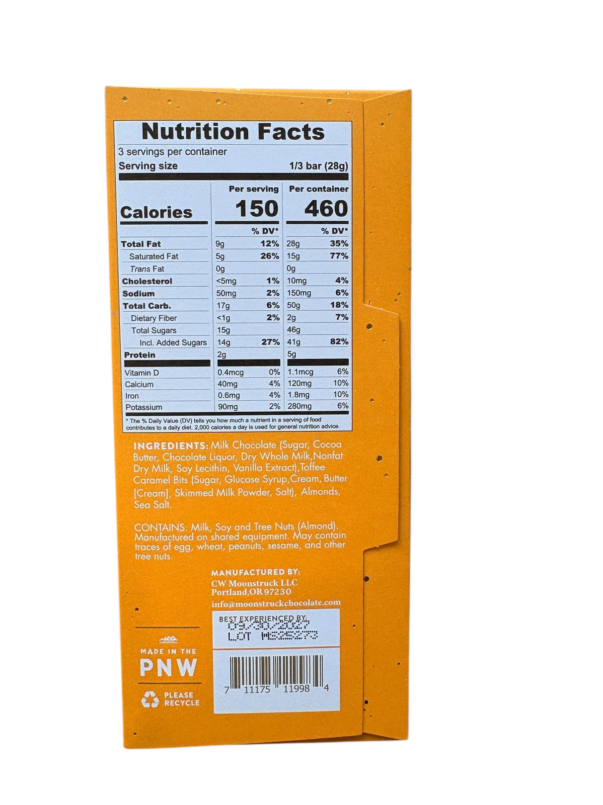 Nutrition facts label on an orange product packaging with a white background