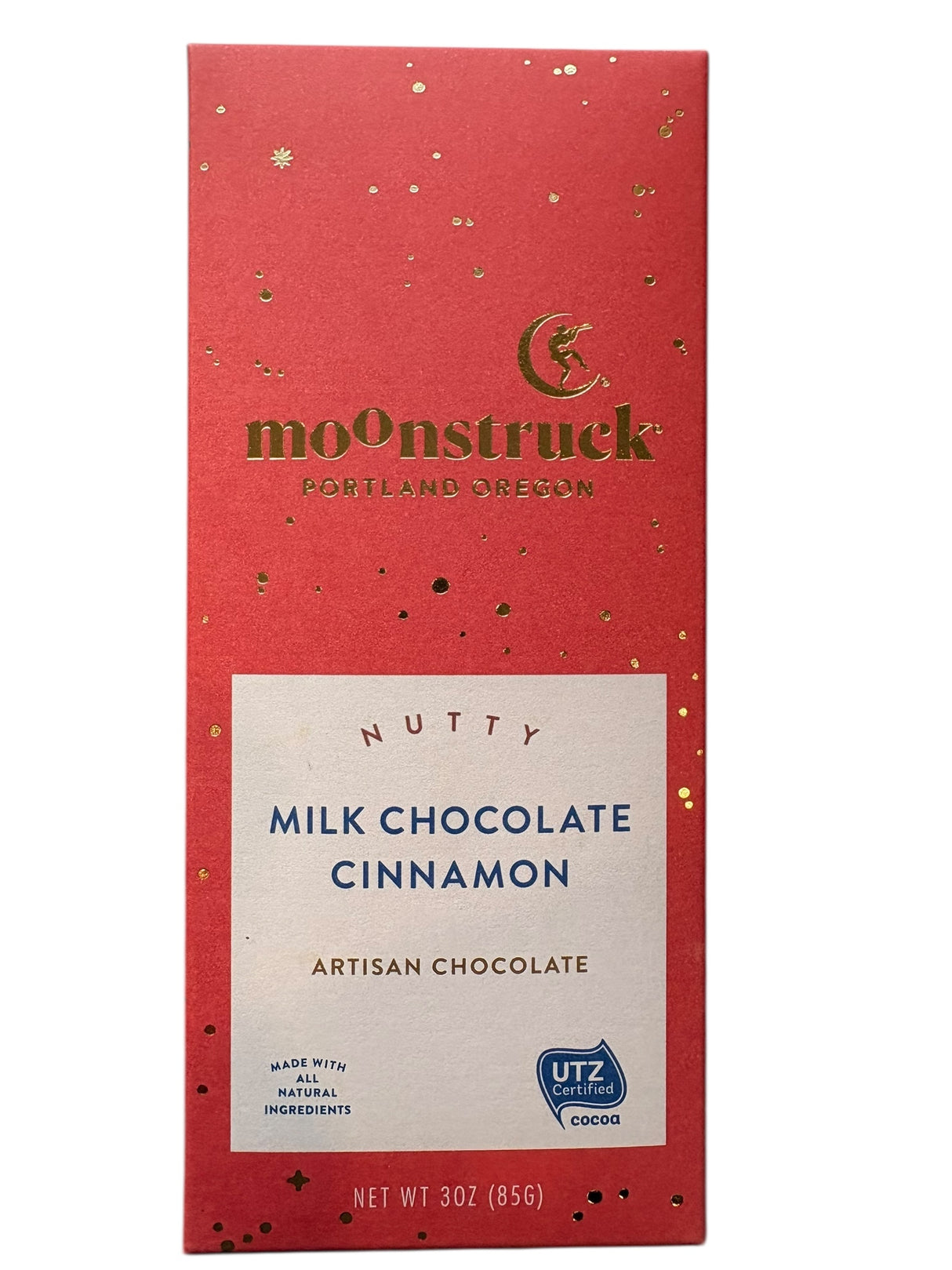Moonstruck milk chocolate cinnamon bar packaging on a white background