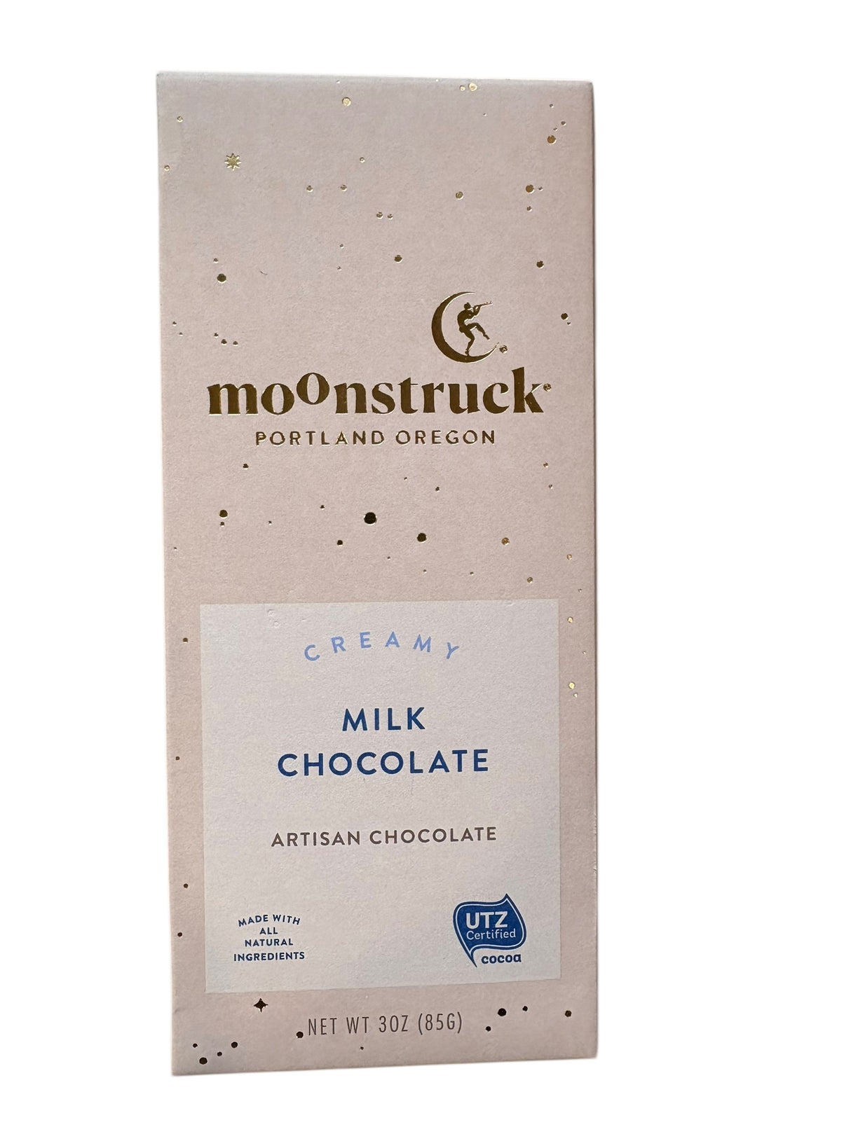 Moonstruck creamy milk chocolate bar packaging on a white background