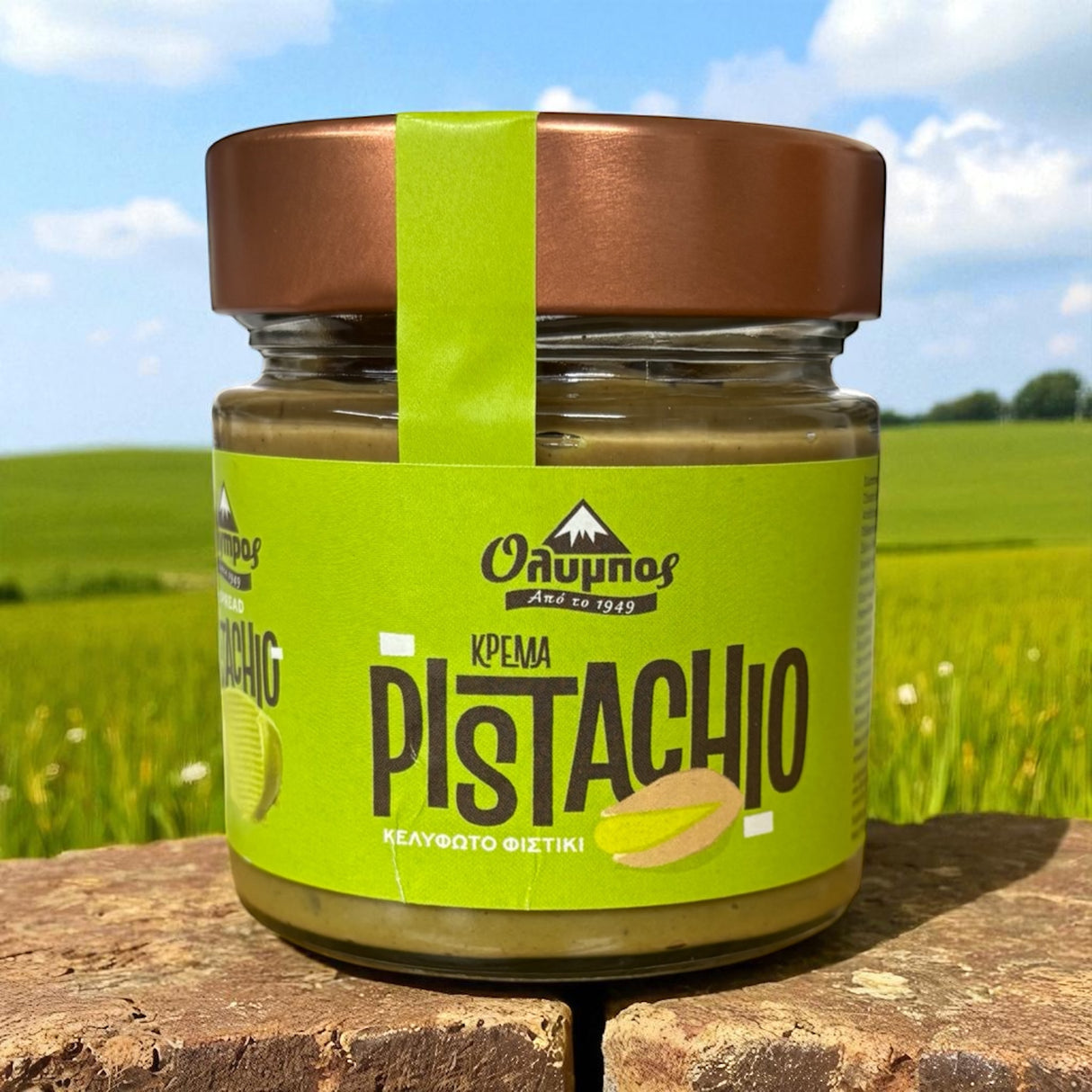 Jar of pistachio cream with a green label against a natural background