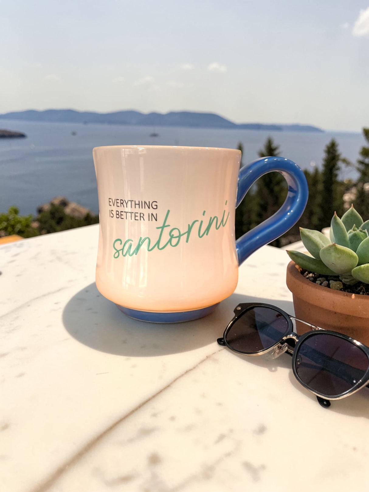 Santorini Ceramic Coffee Mug – Blue Handle Greek Island Mug | “Everything is Better in Santorini”