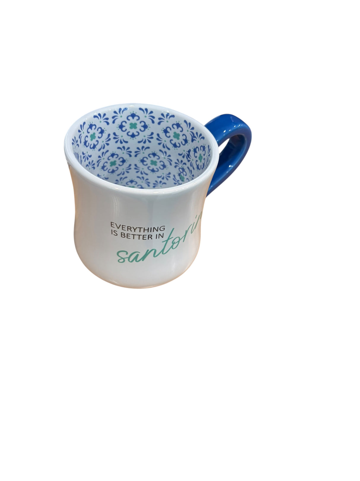 Santorini Ceramic Coffee Mug – Blue Handle Greek Island Mug | “Everything is Better in Santorini”