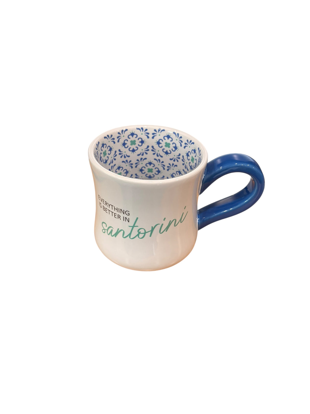 Santorini Ceramic Coffee Mug – Blue Handle Greek Island Mug | “Everything is Better in Santorini”