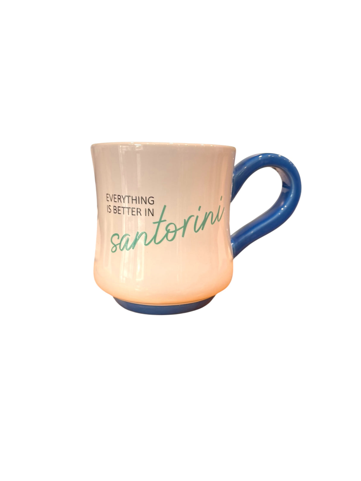 Santorini Ceramic Coffee Mug – Blue Handle Greek Island Mug | “Everything is Better in Santorini”