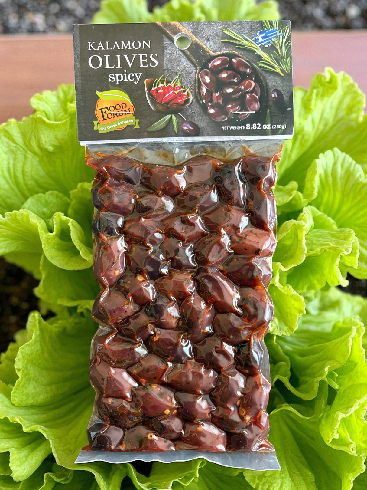 Kalamon Spicy Olives – Authentic Greek Kalamata Olives with Chili & Herbs, Vacuum Sealed 8.82oz (250g)