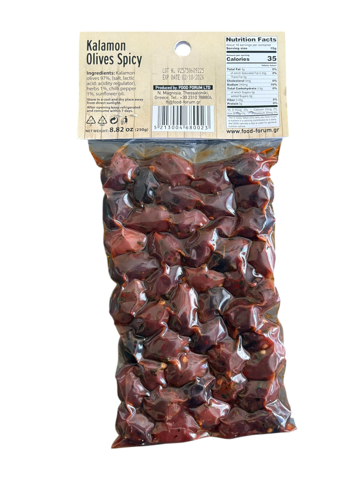 Kalamon Spicy Olives – Authentic Greek Kalamata Olives with Chili & Herbs, Vacuum Sealed 8.82oz (250g)