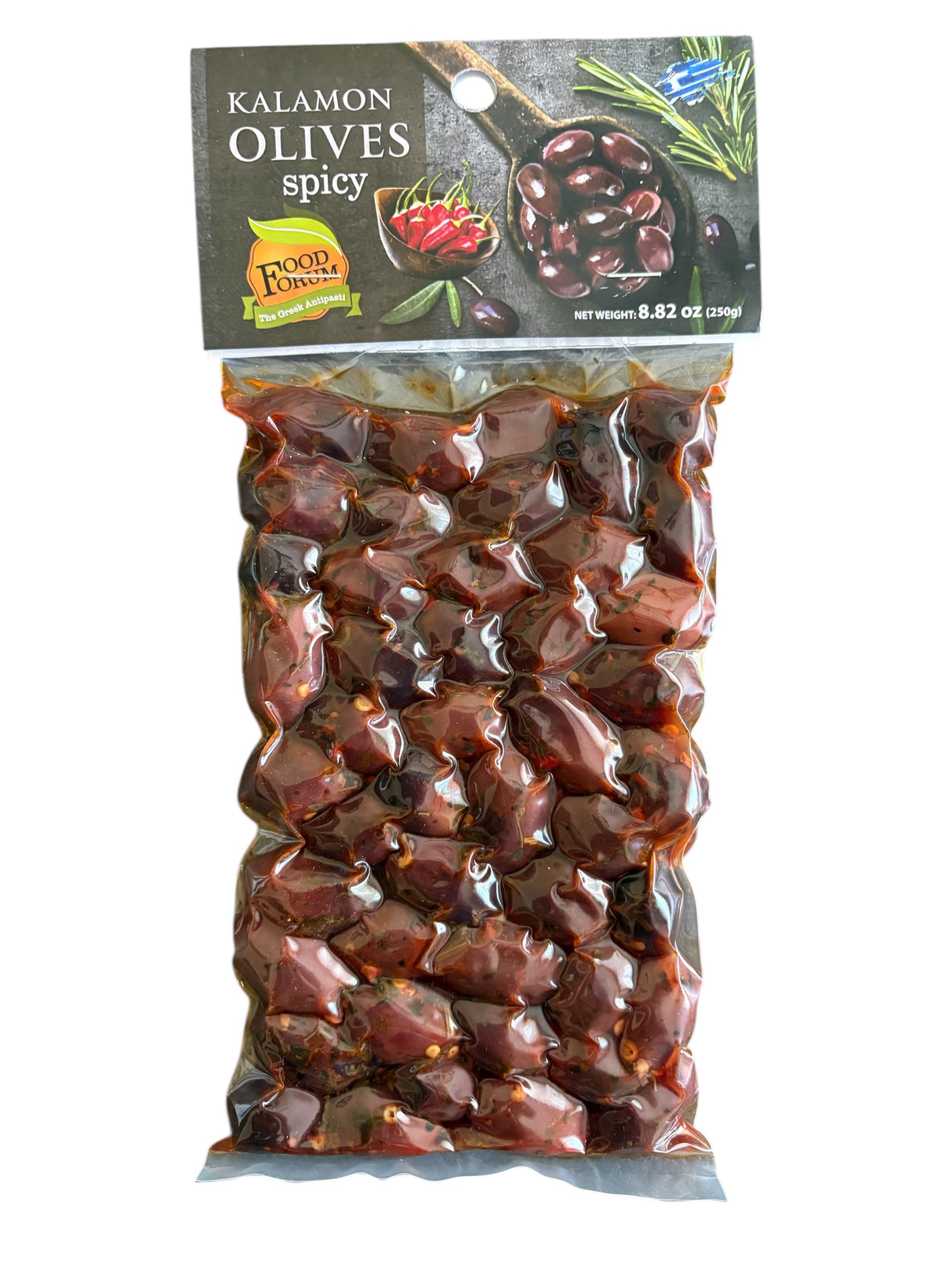 Kalamon Spicy Olives – Authentic Greek Kalamata Olives with Chili & Herbs, Vacuum Sealed 8.82oz (250g)