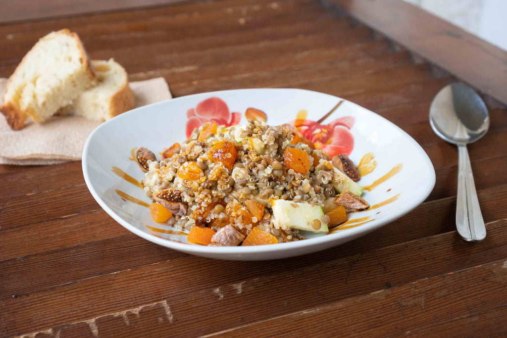 Lentil Quinoa Salad with Green Apple, Dried Fruit, and Molasses