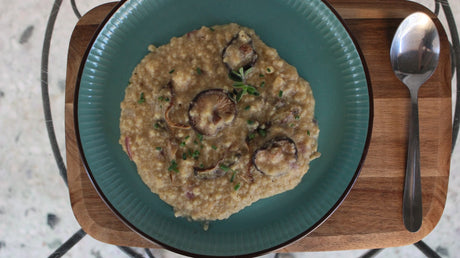 Spicy Sour Trahanas with Porcini Mushrooms and Shiitake