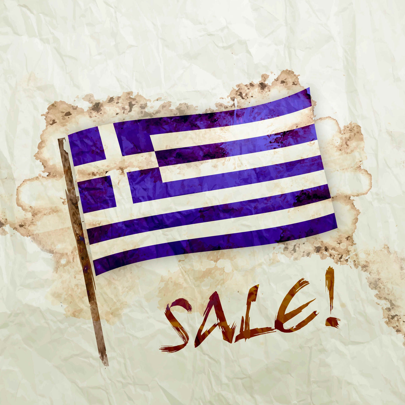 Illustration of a waving Greek flag on a wooden pole with the word “SALE!” written below it on a textured paper background, suggesting a Greek-themed promotion or discount event.