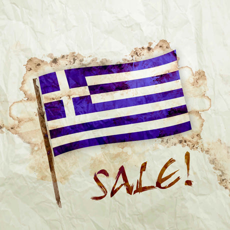 Illustration of a waving Greek flag on a wooden pole with the word “SALE!” written below it on a textured paper background, suggesting a Greek-themed promotion or discount event.