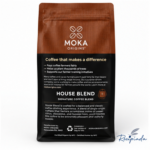 Back of MOKA Origins House Blend coffee bag with sourcing story