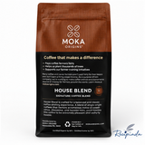 Back of MOKA Origins House Blend coffee bag with sourcing story