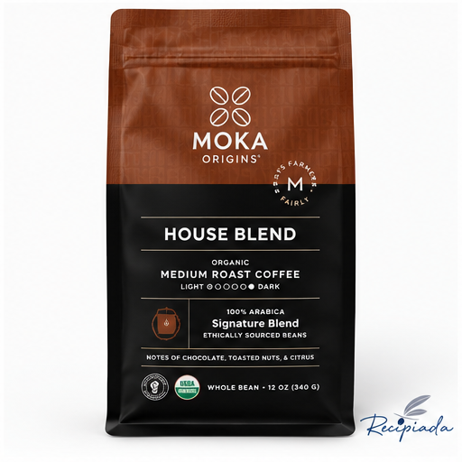 Front of MOKA Origins House Blend organic medium roast whole bean coffee bag