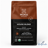 Front of MOKA Origins House Blend organic medium roast whole bean coffee bag