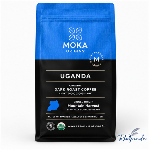 Front of MOKA Origins Uganda organic dark roast whole bean coffee bag