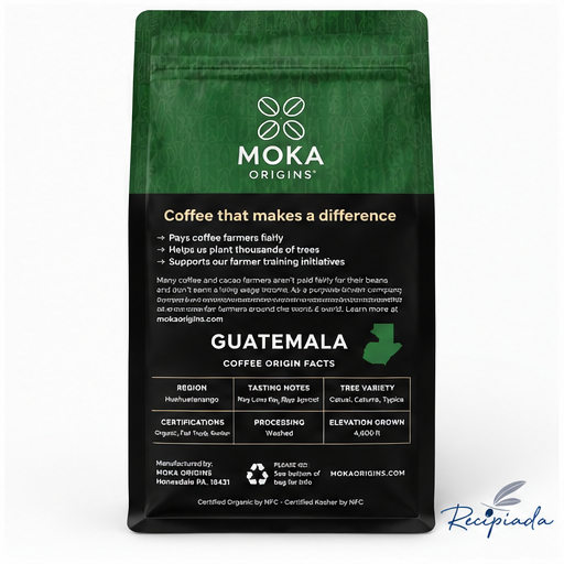 Back of MOKA Origins Guatemala organic medium roast whole bean coffee bag with origin facts