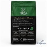 Back of MOKA Origins Guatemala organic medium roast whole bean coffee bag with origin facts