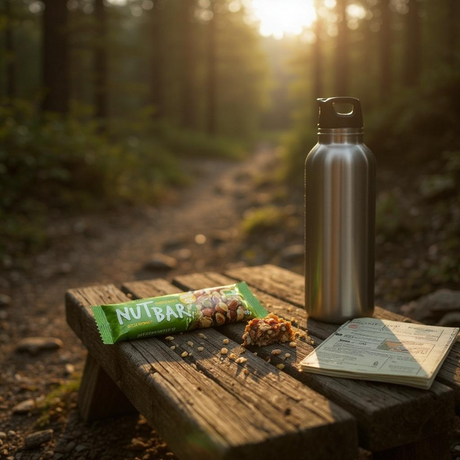 Nutbar, water bottle, and map on a wooden bench in a forest with sunlight filtering through the trees.