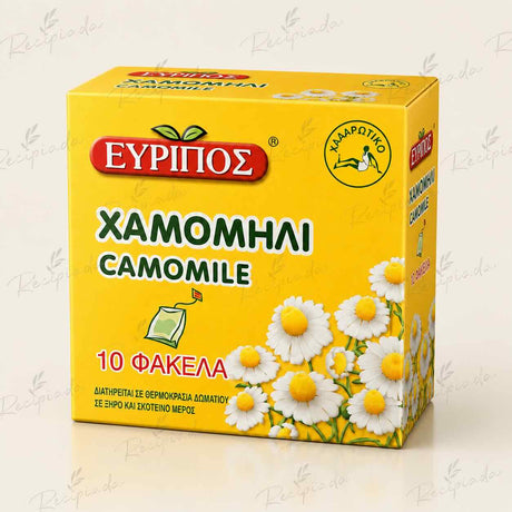A yellow box of camomile tea, featuring the brand name ΓΑΒΕΛ in a red logo, Greek text, and illustrations of white camomile flowers on a light beige background.