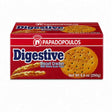 A box of Papadopoulos Digestive Biscuit Cracker with whole grain flour, featuring a red and white design with an illustration of a round biscuit and wheat stalks.