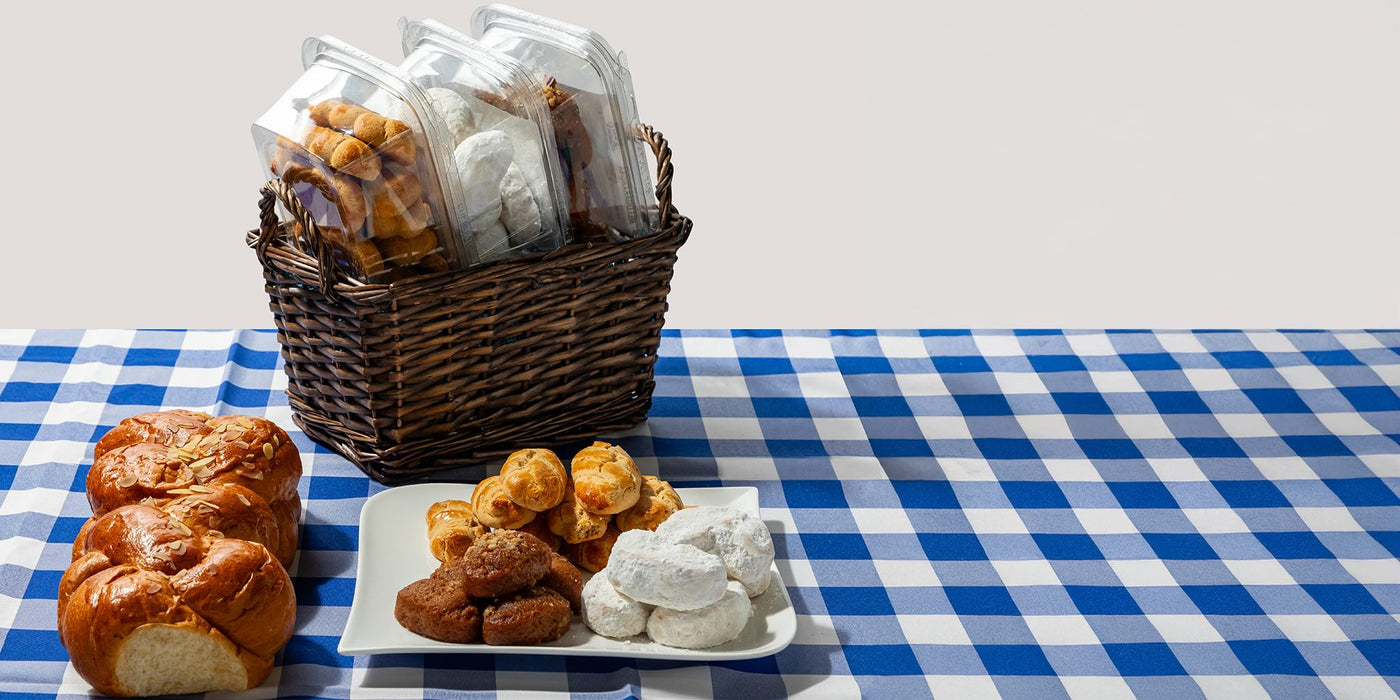 Basket of pastries on a blue and white checkered tablecloth