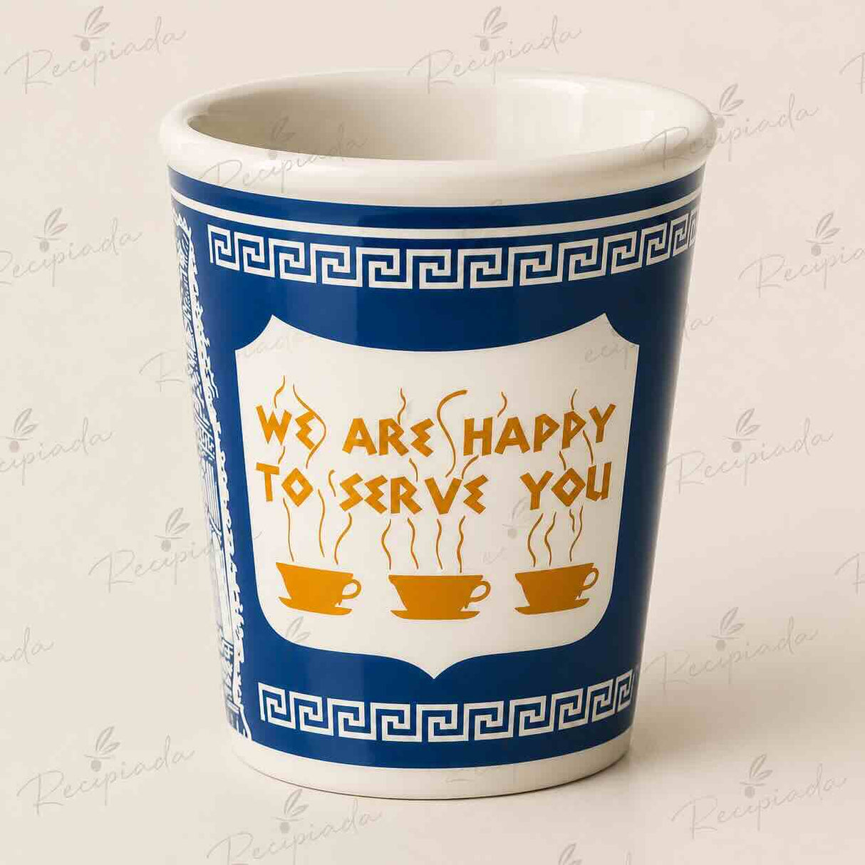 A white ceramic coffee mug with a blue Greek key border and a central white shield containing the text 'WE ARE HAPPY TO SERVE YOU' in orange, above three orange coffee cups. The mug is photographed on a light beige background with a faint repeating watermark.