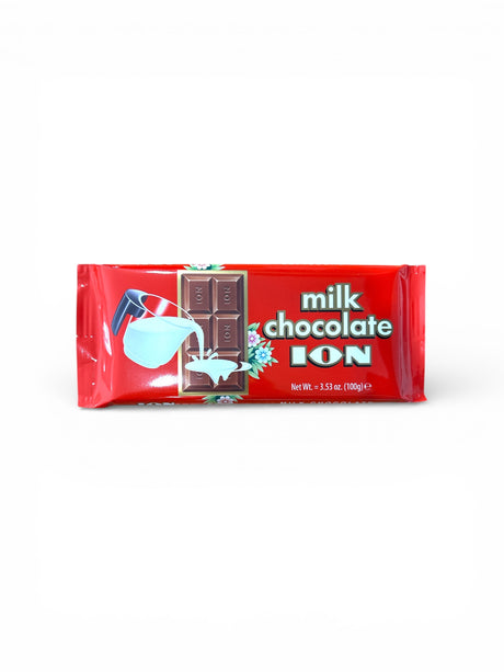 Milk chocolate bar packaging with red background and white text on a white background