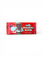 Milk chocolate bar packaging with red background and white text on a white background