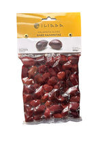 Iliada Kalamata olives packaging with olives visible inside on a white background
