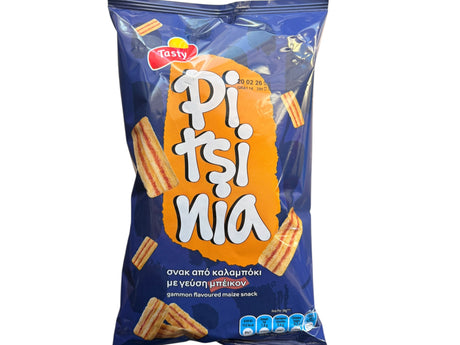 Packaged snack with 'Pitsinia' branding on a blue background