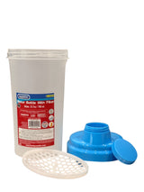 Water bottle with filter and packaging on a white background