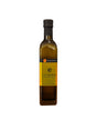 Bottle of olive oil with a yellow label on a white background