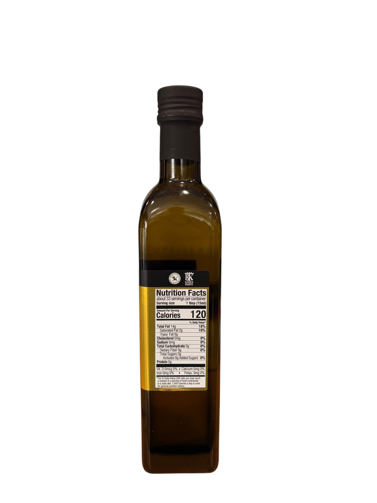 Bottle of olive oil with a label on a white background