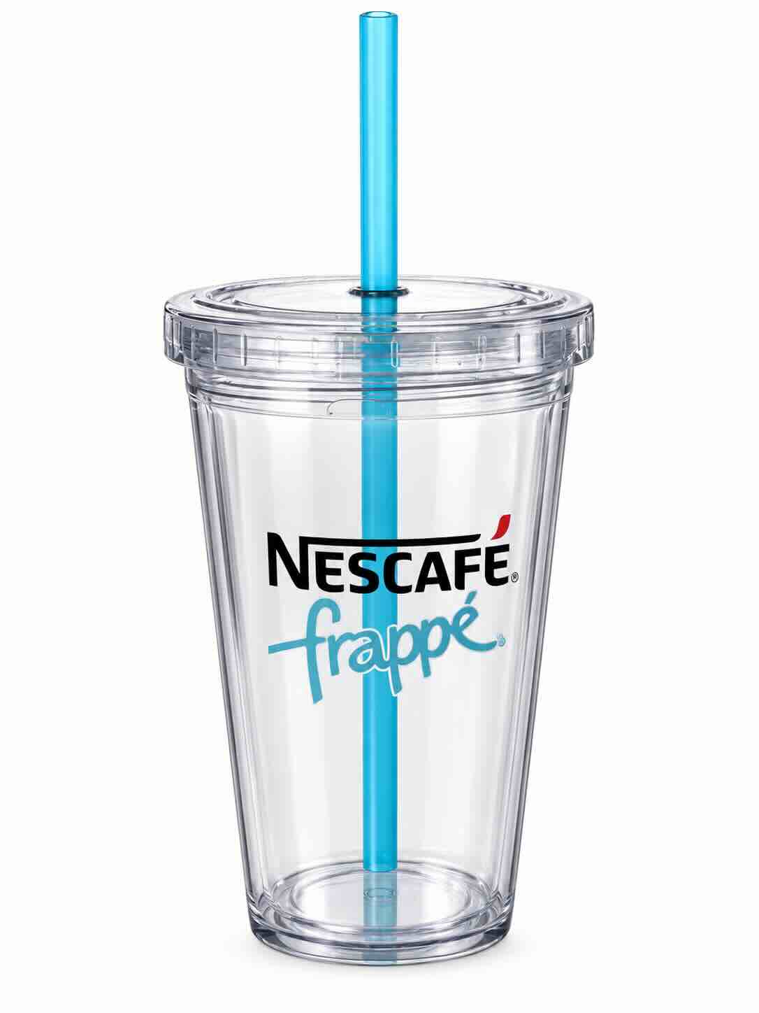 A clear plastic Nescafe Frappé tumbler with a bright blue straw, featuring the Nescafe Frappé logo printed on the front, set against a plain white background.