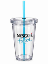 A clear plastic Nescafe Frappé tumbler with a bright blue straw, featuring the Nescafe Frappé logo printed on the front, set against a plain white background.