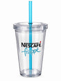 A clear plastic Nescafe Frappé tumbler with a bright blue straw, featuring the Nescafe Frappé logo printed on the front, set against a plain white background.